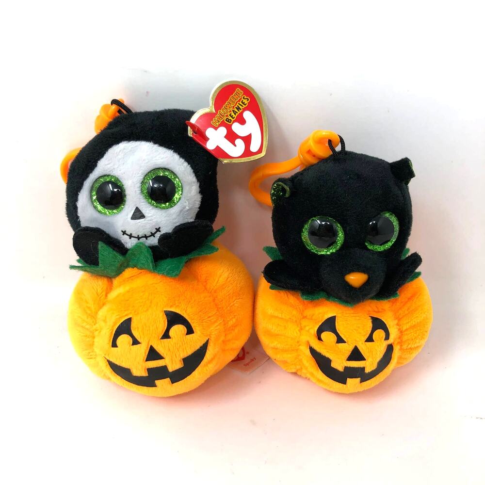 Ty Halloweenie Beanies Backpack Clip Set Spooky‎ Reaper Pumpkin Midnight Cat